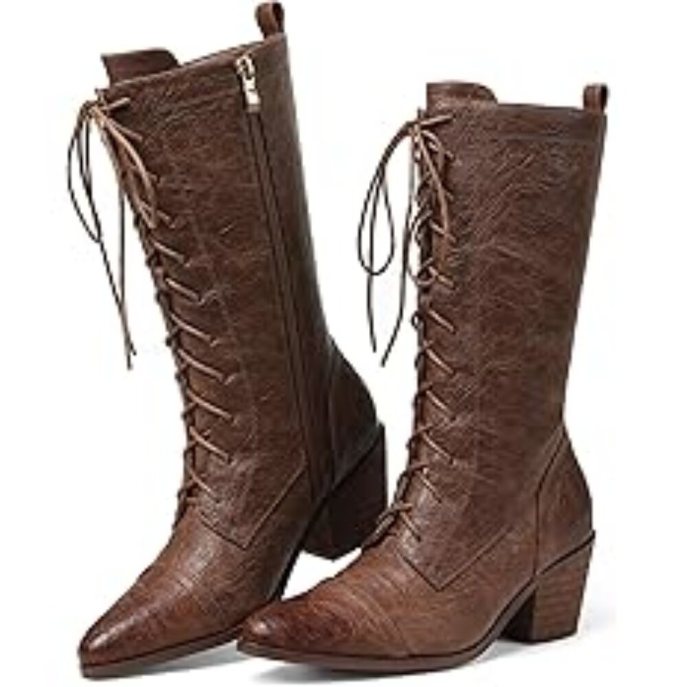 Women's Black Mid Calf Boots Lace Up Chunky Heel Vintage Combat Heeled Brown